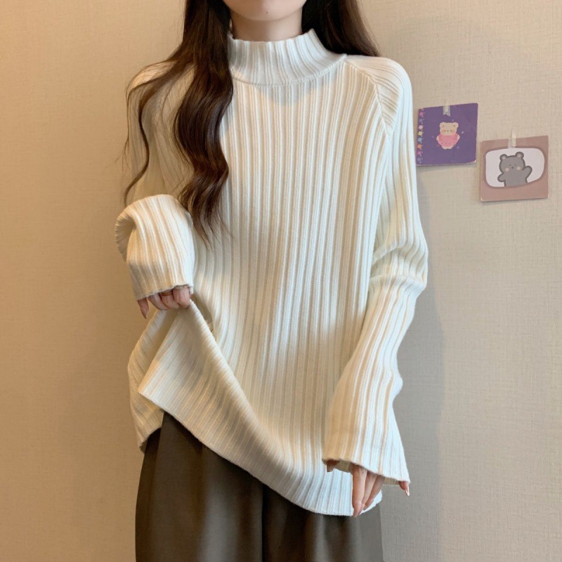 半高领坑条毛衣秋冬遮肚纯色打底上衣防寒套头高级美拉德2025
