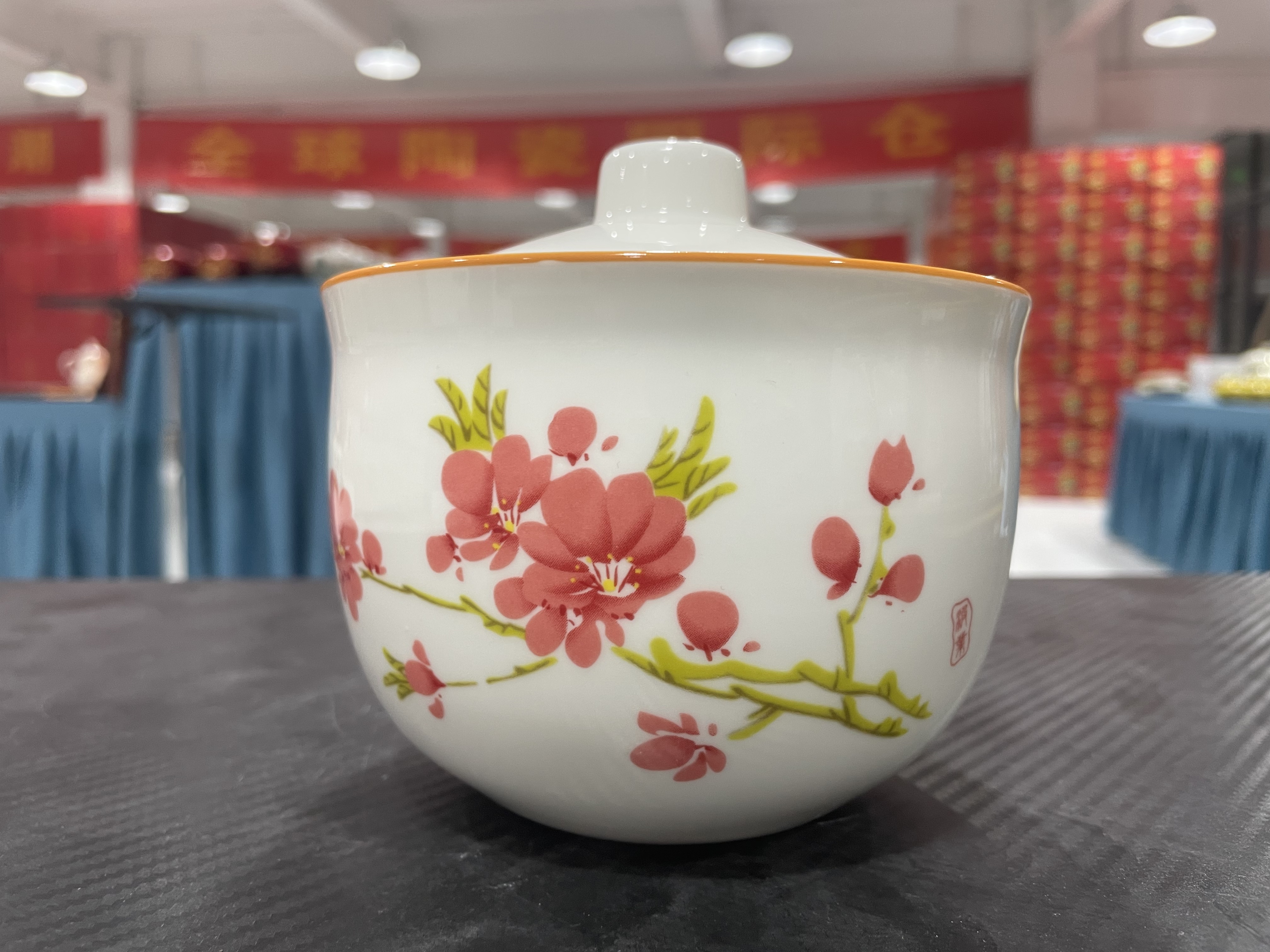 【袁氏瓷业】WJ-600ml水点桃花大号炖盅猪油罐 