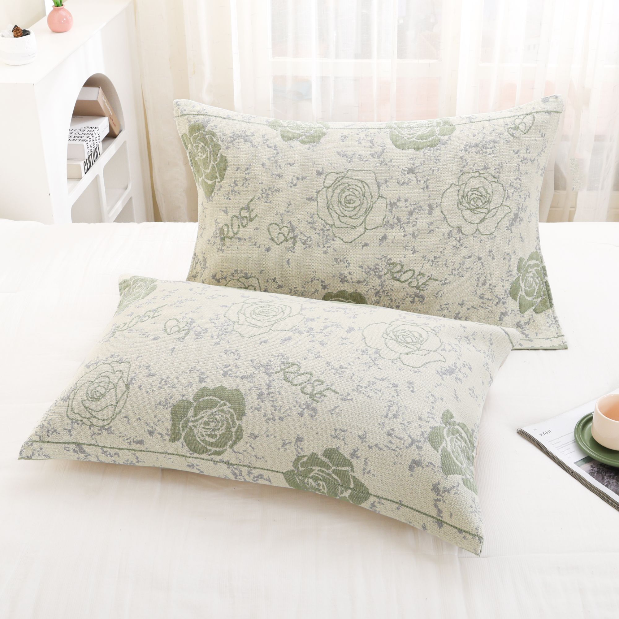 【枕巾绿意浓枕巾】高端舒适透气雨露麻成人枕巾一对装52*78