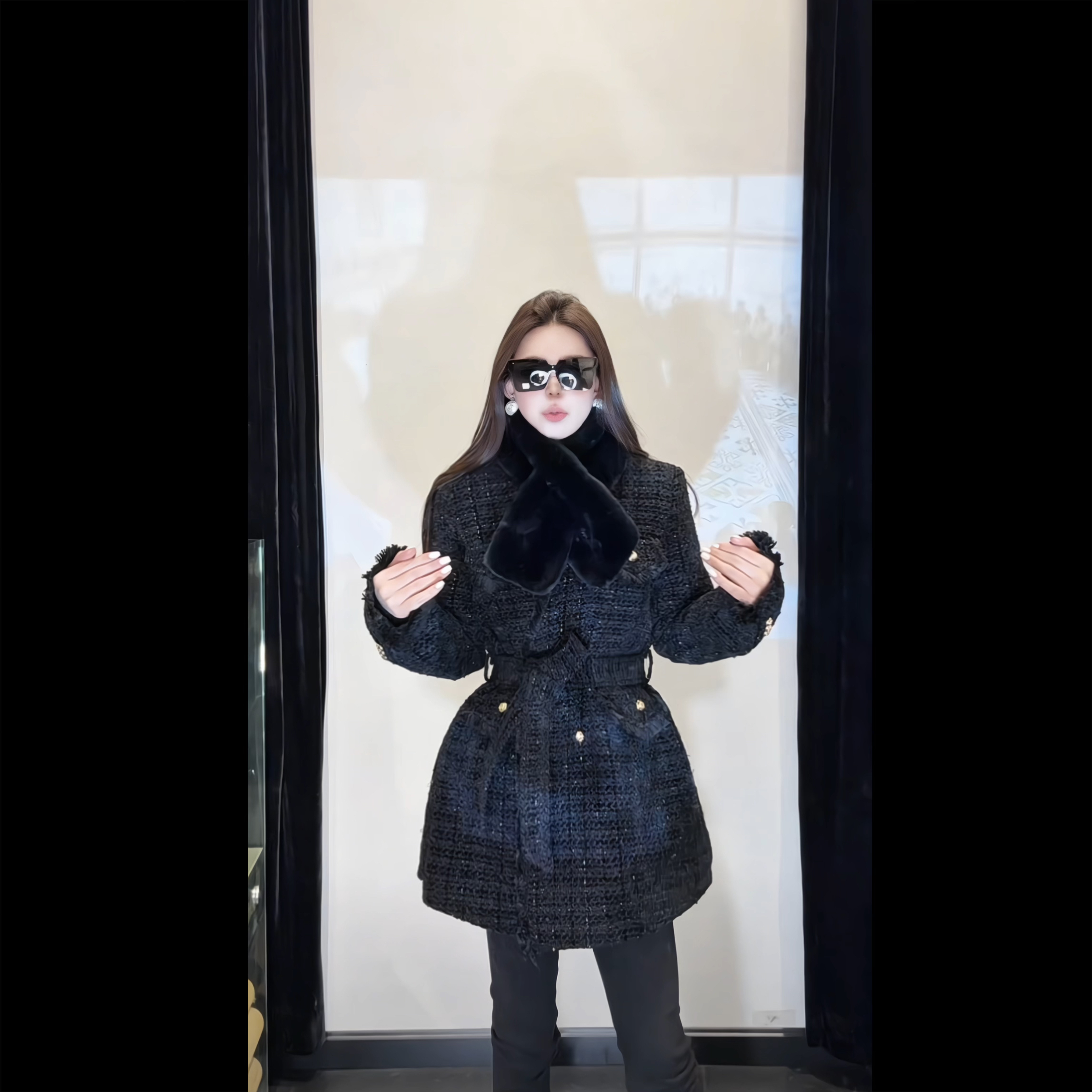 XIA.【气质名媛】粗花呢小香风中长款绑带收腰羽绒外套【25176】