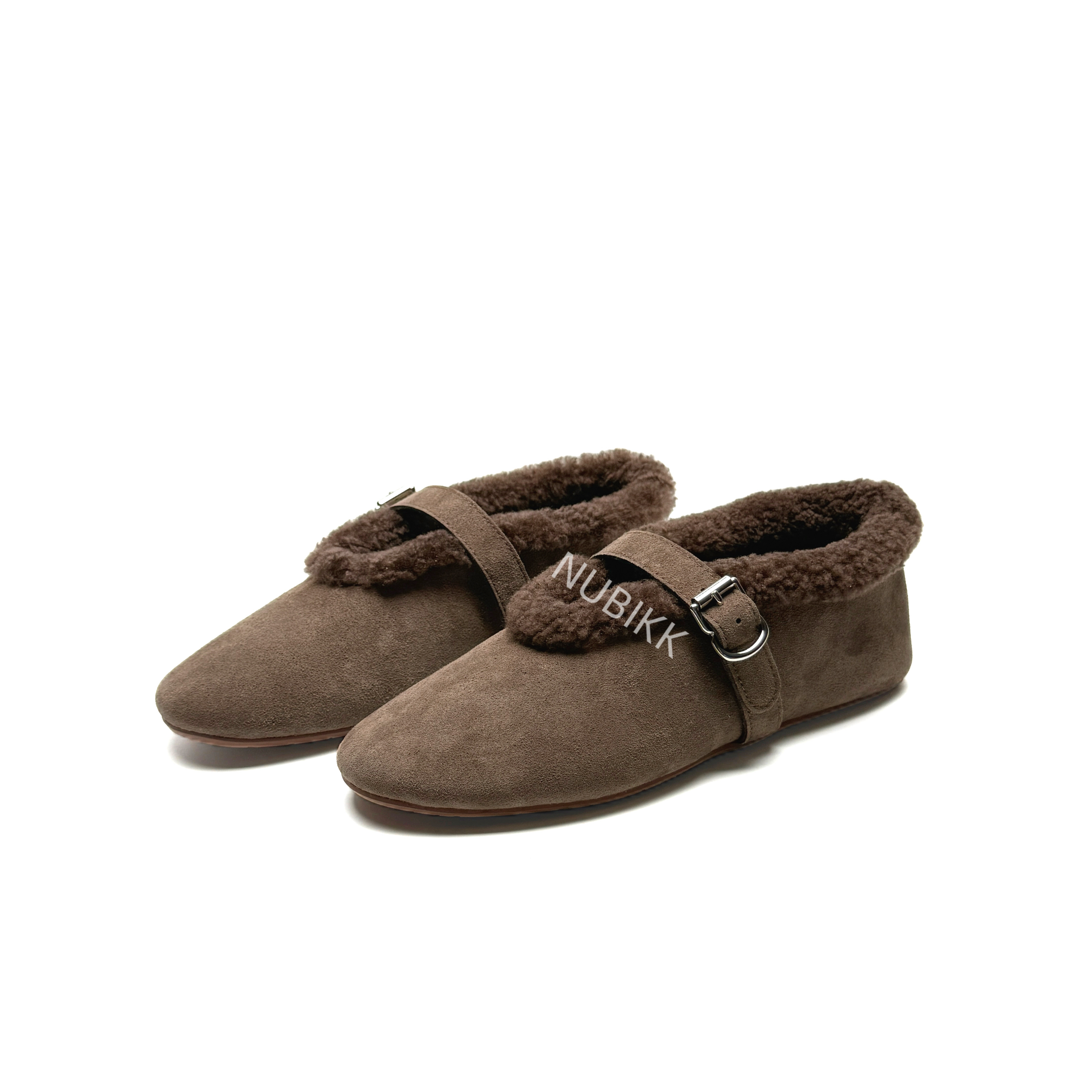 NUBIKK 一字扣带平底浅口羊羔毛玛丽珍单鞋