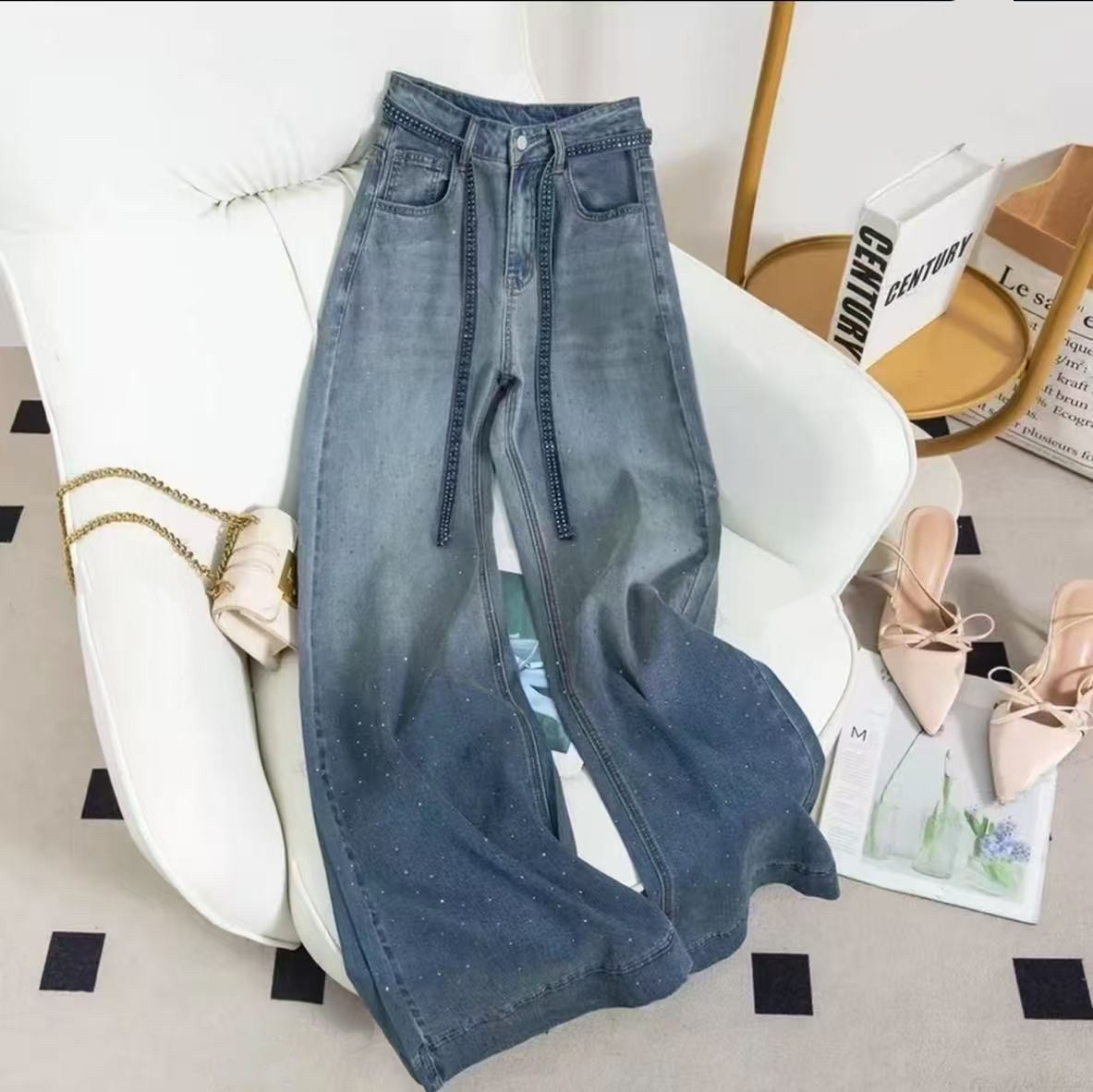 夏季薄款满天星烫钻渐变蓝阔腿牛仔裤女宽松舒适