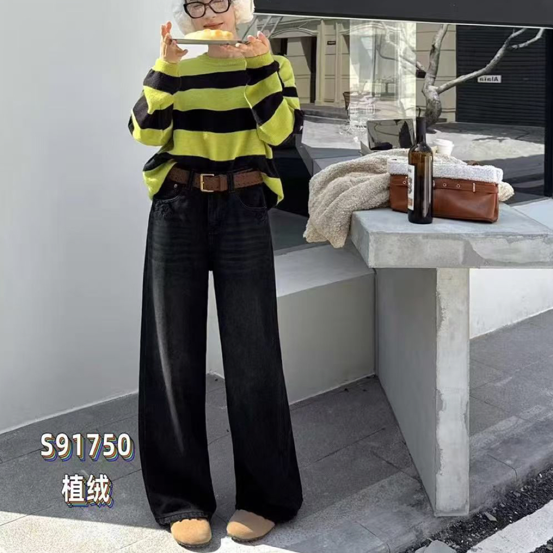 冬款加绒牛仔阔腿裤显瘦减龄2025新款直筒