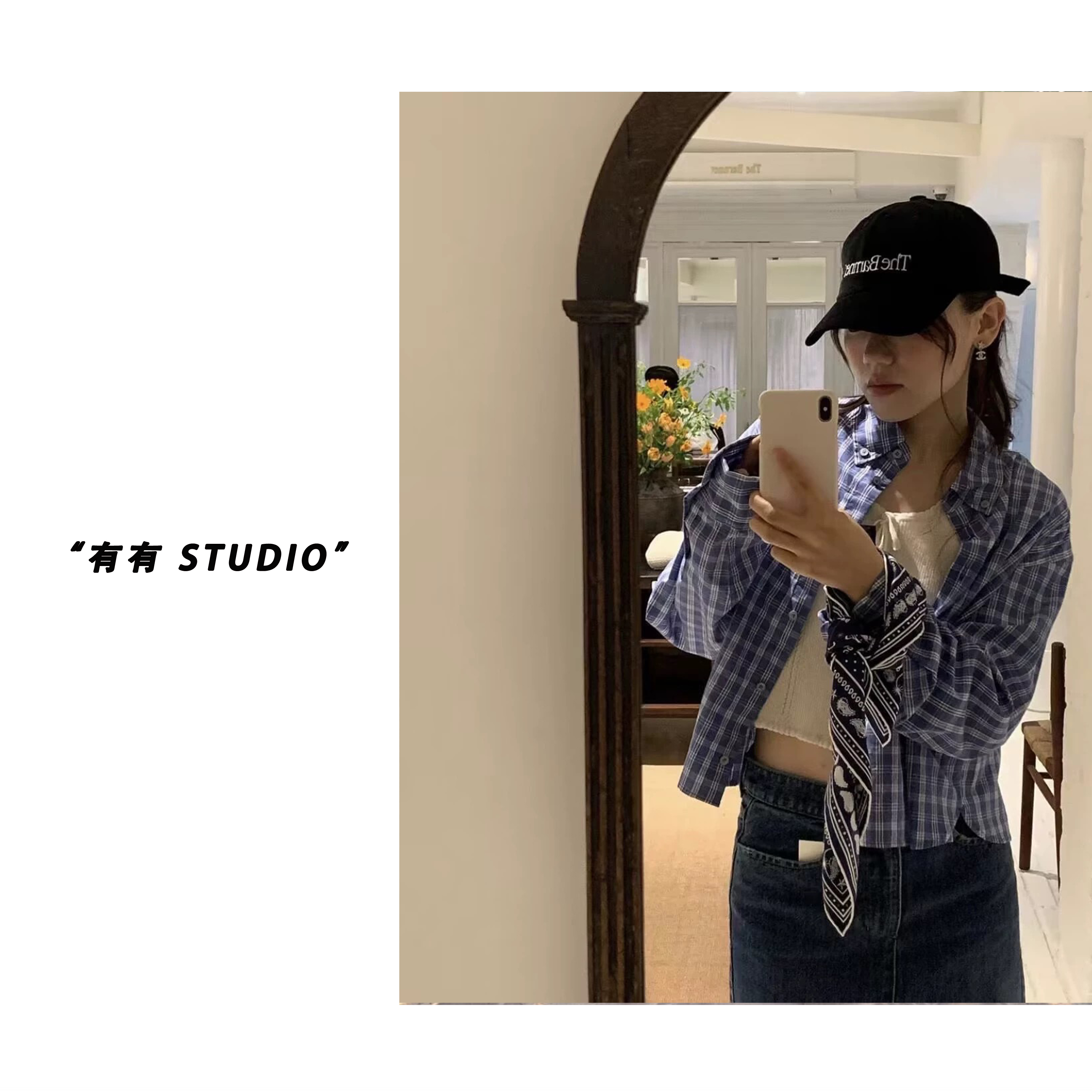 「经典蓝格子」韩国单八奶Polo领刺绣宽松长袖衬衫