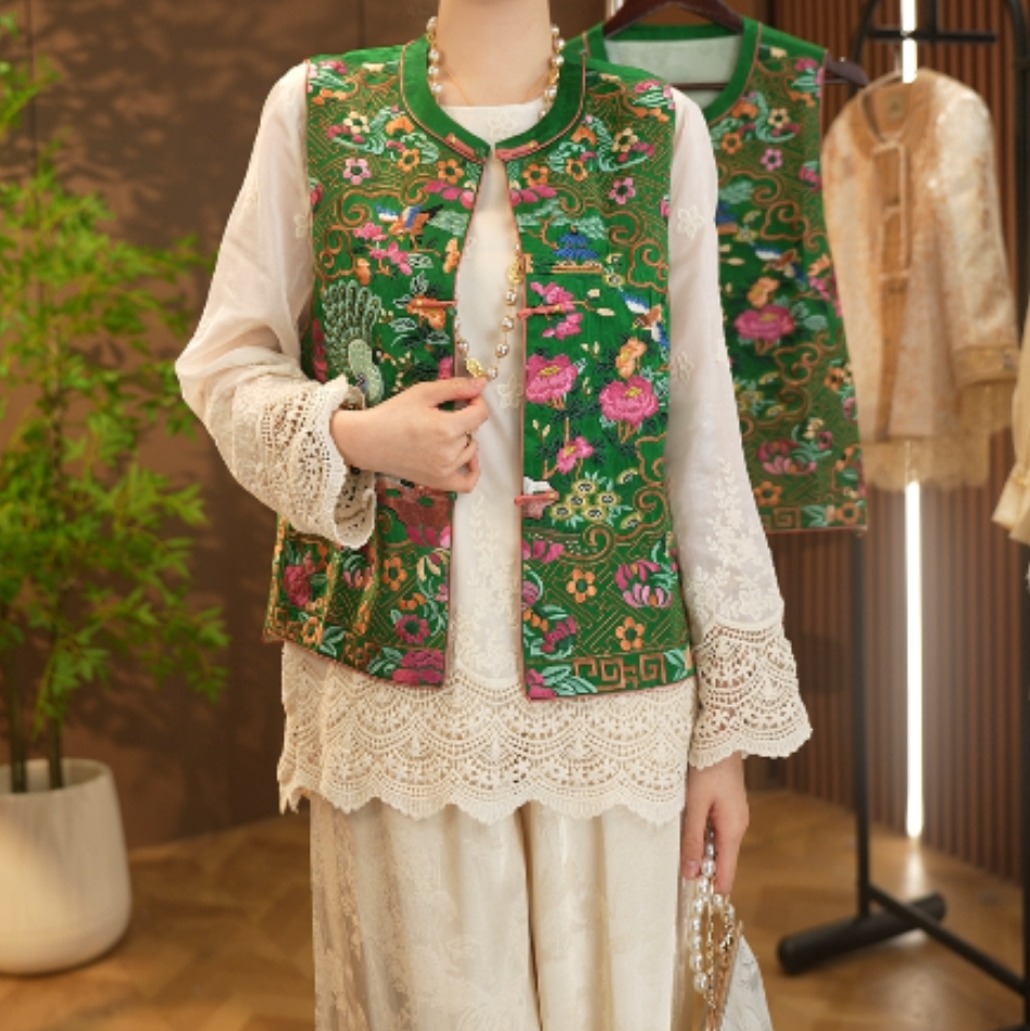 【繁华似锦】重工春季新中式中国风刺绣圆领马甲2025C0168—雨竹