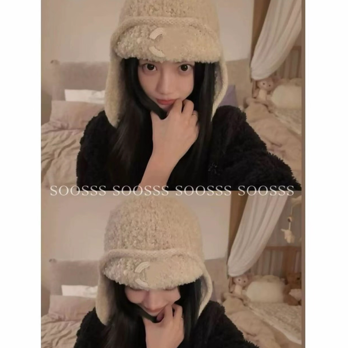 甜美可爱ins韩国设计师双C款针织包头帽女秋冬新款保暖护耳雷锋帽