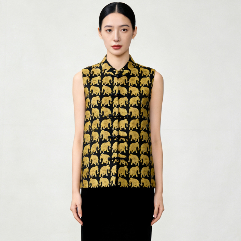 【心之所象】精品提花小金象新中式国风立领单款短款马甲女