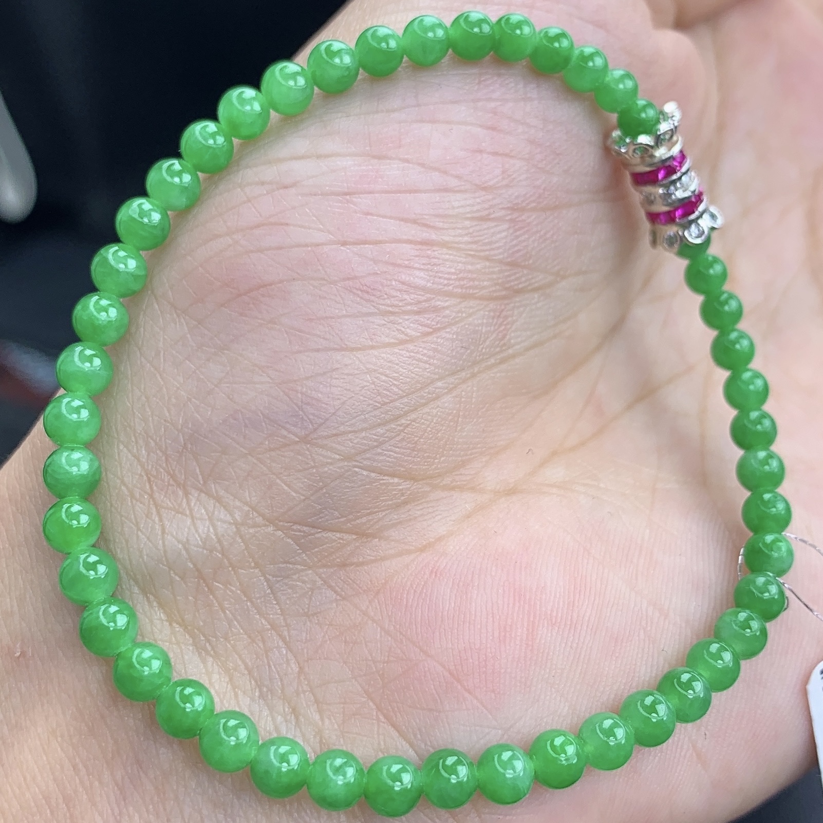 缅甸A货翡翠浓绿色小米珠圆珠手链手串单圈T卡3.5+mm