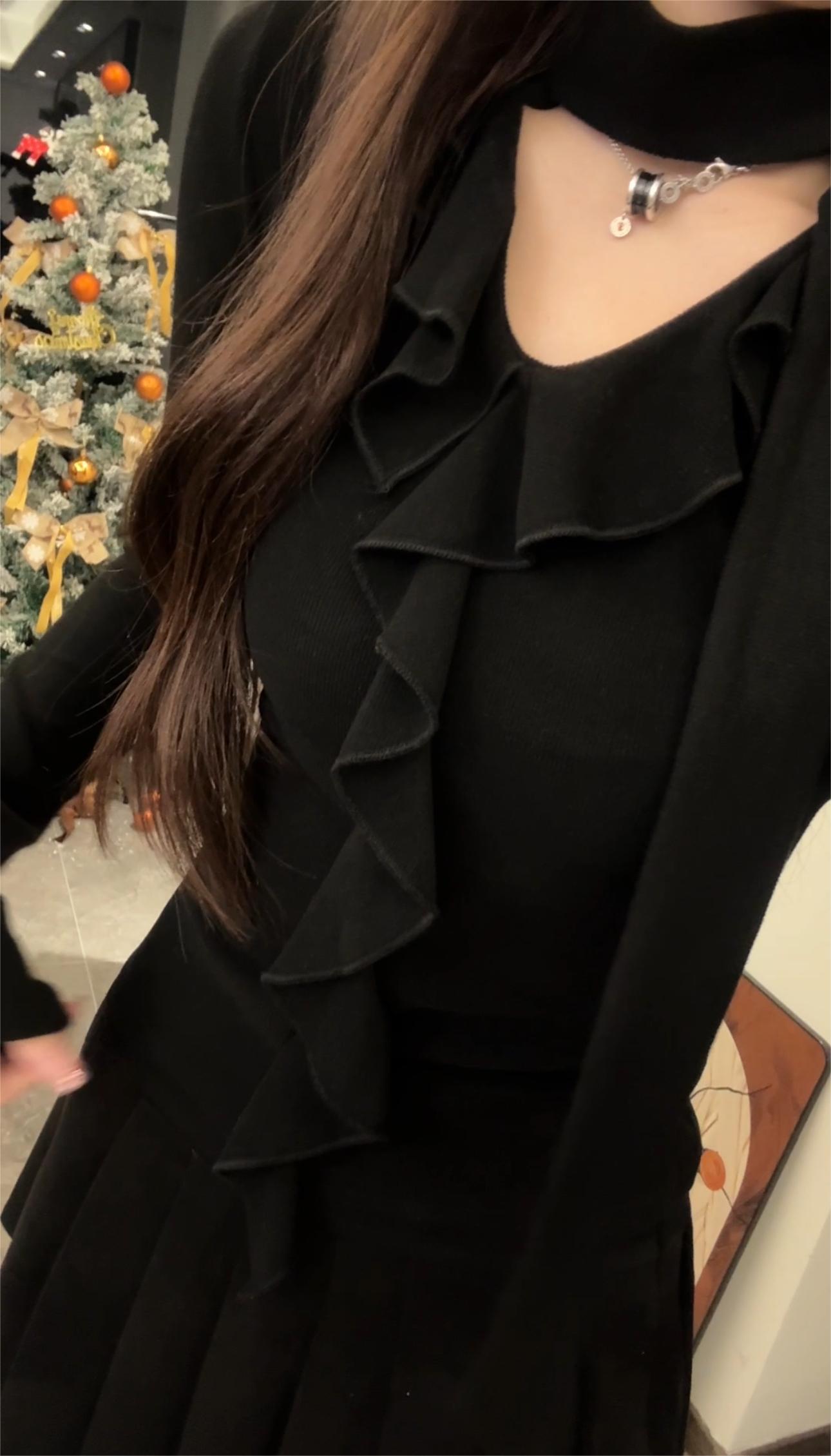 思思定制 圣诞新年飘带荷叶边加绒打底衫女秋冬显瘦修身小衫上衣