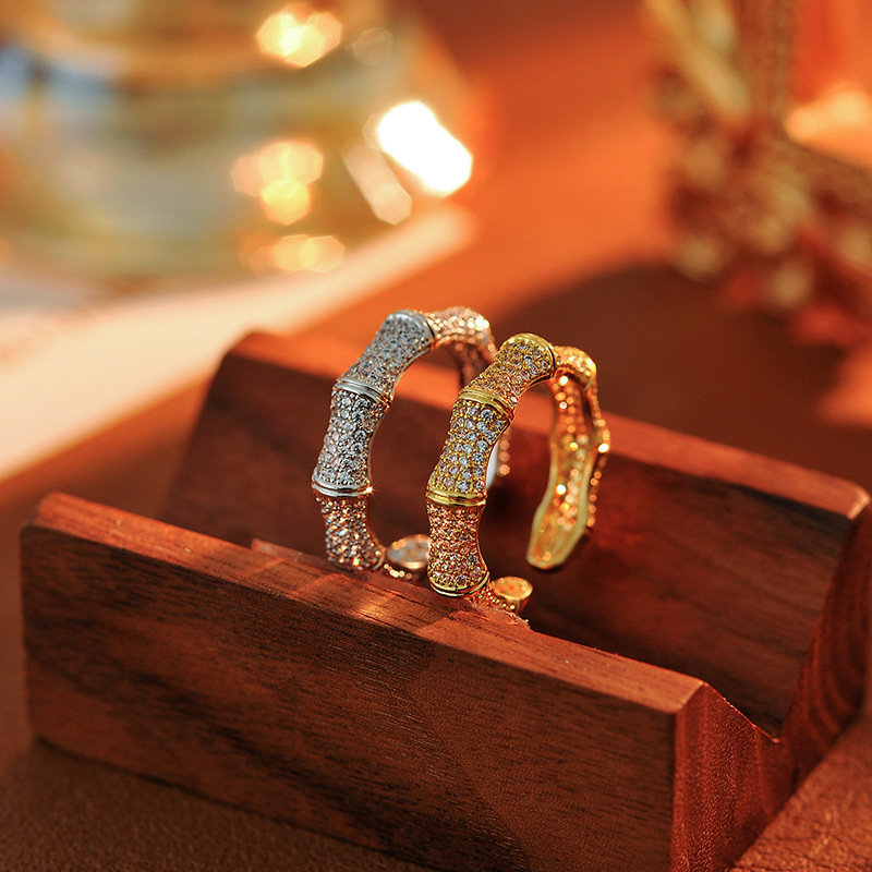 合金戒指 1019镶嵌满钻戒指女竹节创意设计款食指指环配饰轻奢