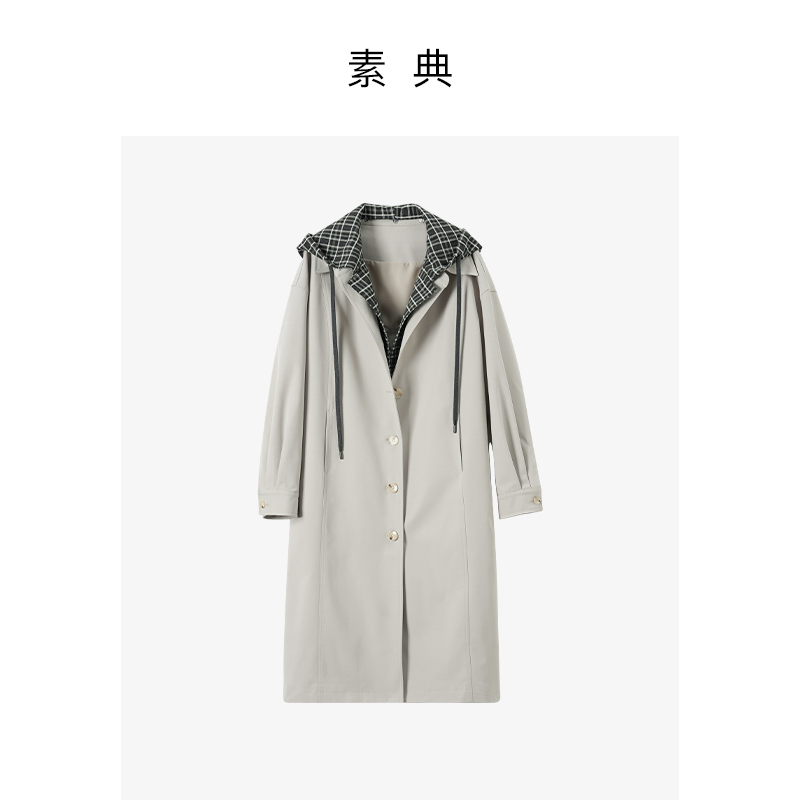拼接秋季长款格纹极简风全棉风衣春季气质大衣百搭5212