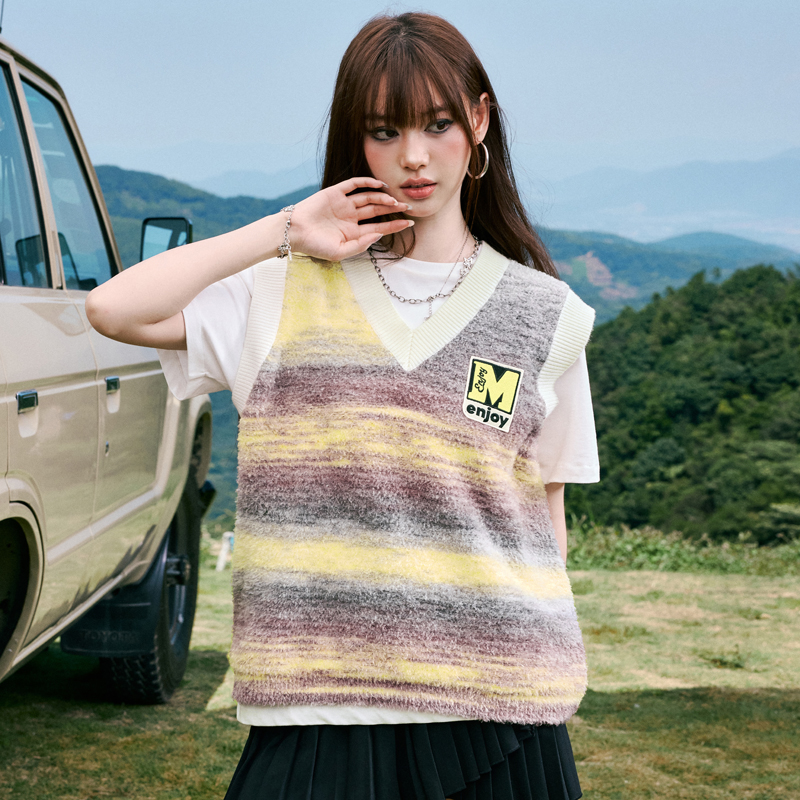 MEDM24FW彩色条纹毛衣背心男女秋季潮牌情侣V领无袖学院风针织衫