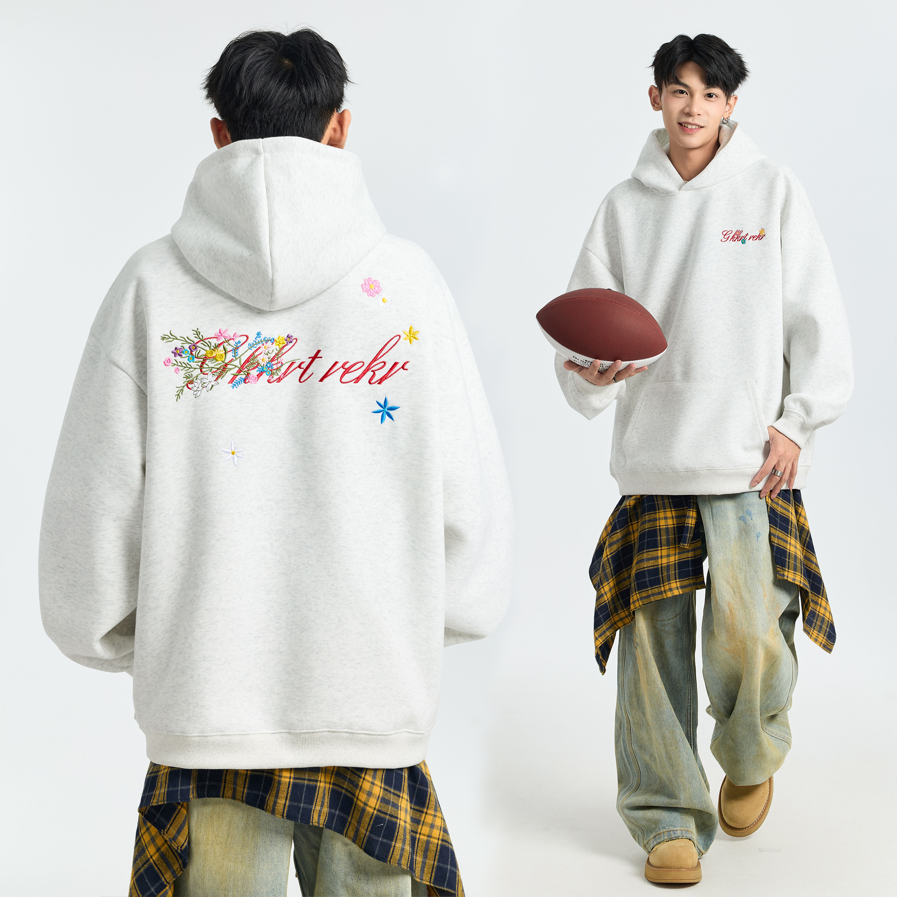 秋冬花卉设计万针刺绣重磅420g连帽卫衣男潮牌宽松青少年情侣上衣