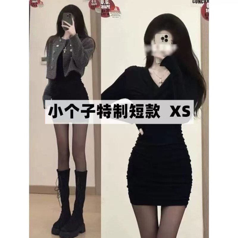 小个子定制辣妹小黑裙显瘦连衣裙修身气质时尚v领交叉设计感短裙
