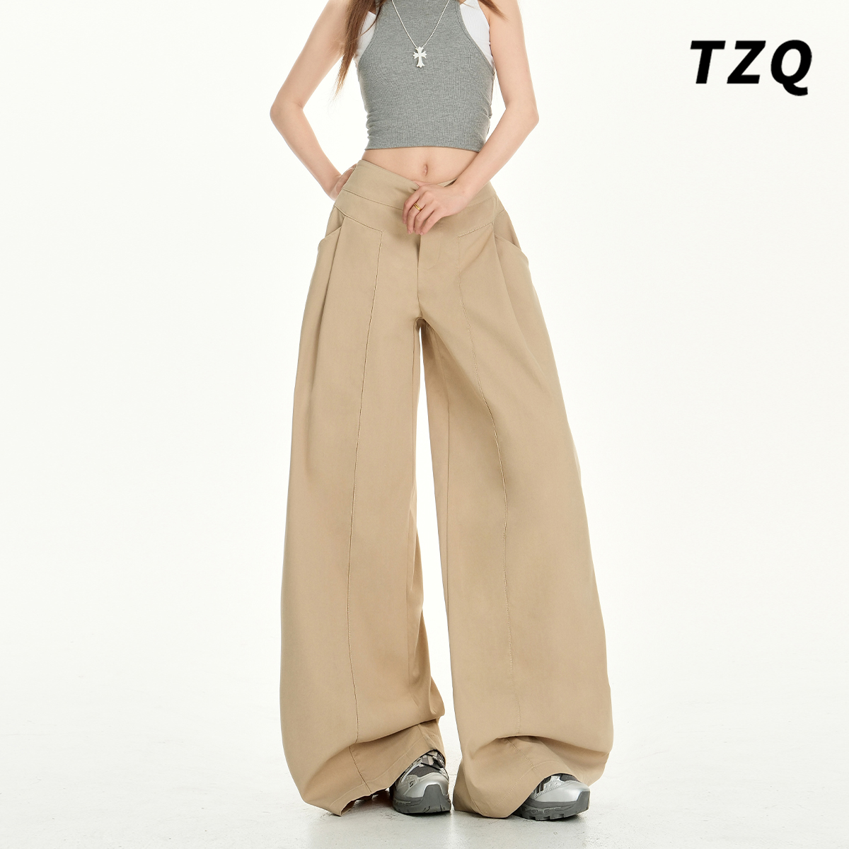 淘稚气新款设计感慵懒风阔腿休闲裤女2025夏季爆款卡其色工装裤子