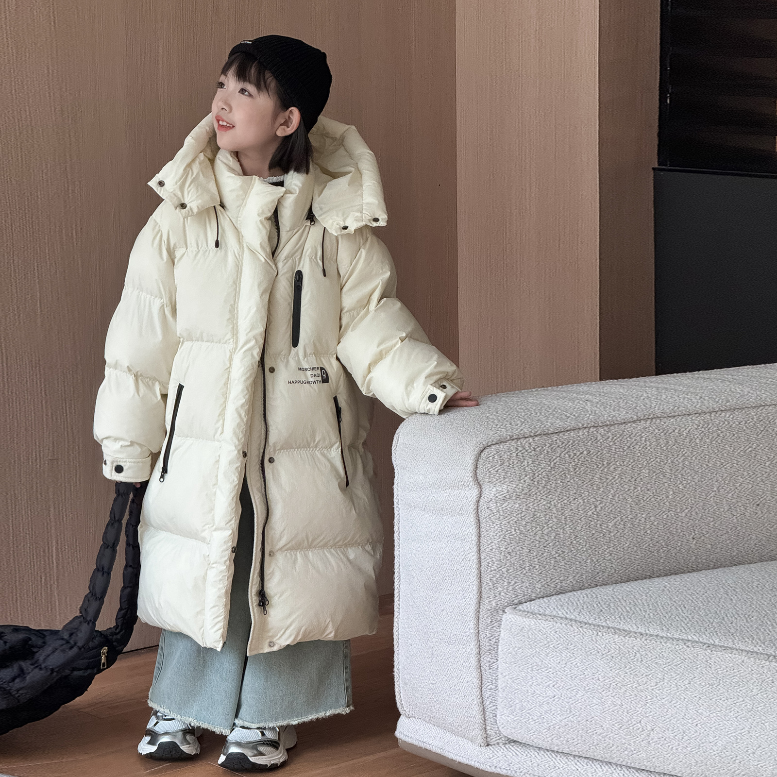 朵妈长款儿童羽绒服韩版男童女童中大童加厚连帽白鸭绒童装外套潮