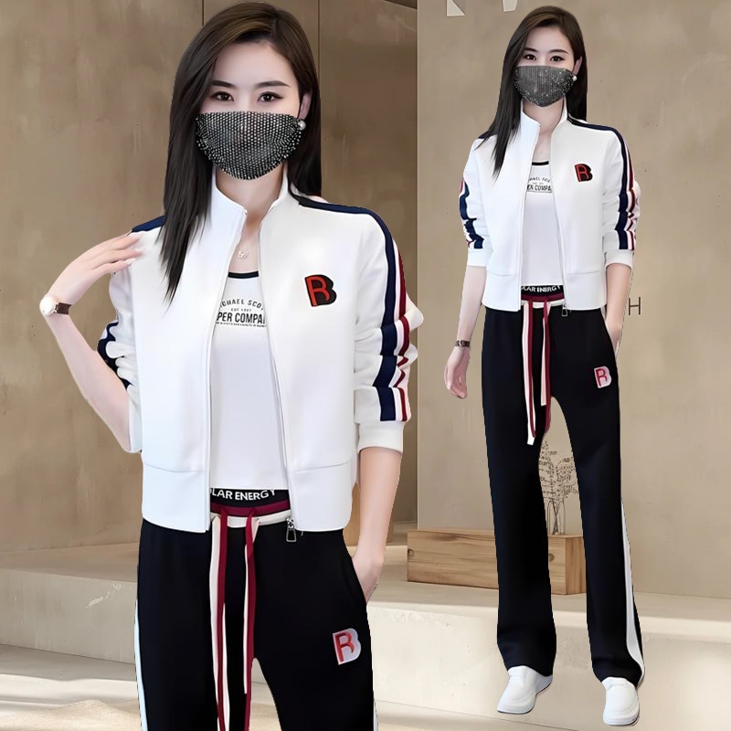 韩版休闲两件套2025秋冬女装减龄撞色立领拉链开衫外套松紧长裤