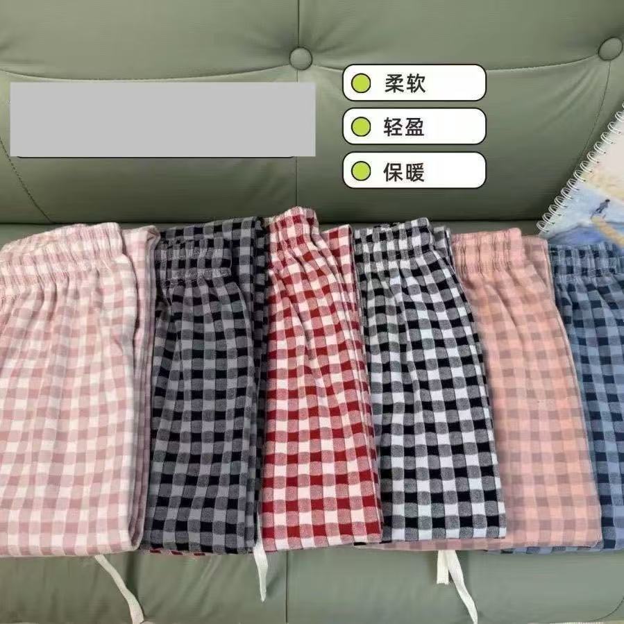 秋冬加厚双面磨毛家居裤韩版宽松休闲裤子可外穿遛弯裤子格子睡裤