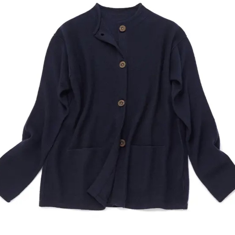 宽松保暖中山领羊绒长袖黑色女开衫自带卷边领纯色百搭羊绒衫针织