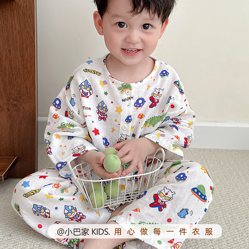 宝宝夏季纱布睡衣纯棉薄款儿童空调衫婴儿韩版家居服男女套装