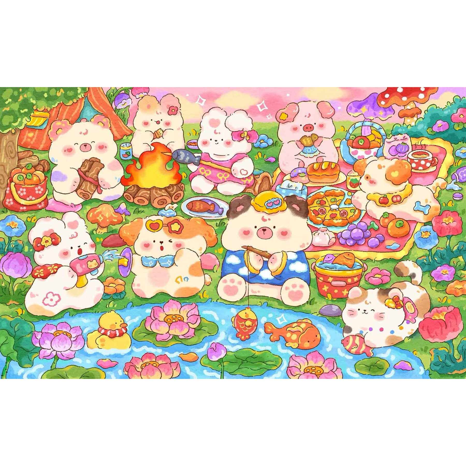 新疆长绒棉布 钓鱼聚会105*70大格64色十字绣（精准印花）裸包