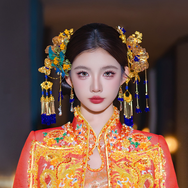 合金婚庆饰品 新娘结婚奢华金蓝色高级感渐变蝴蝶秀禾服头饰D0620
