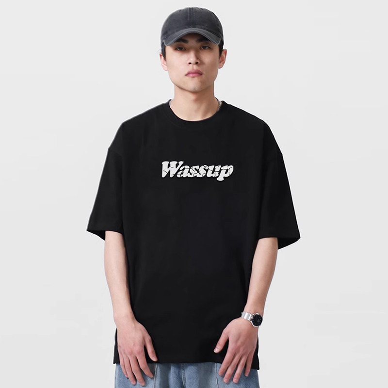 WASSUP潮牌工艺字母logo短袖男潮牌夏季新款情侣百搭纯色T恤衫