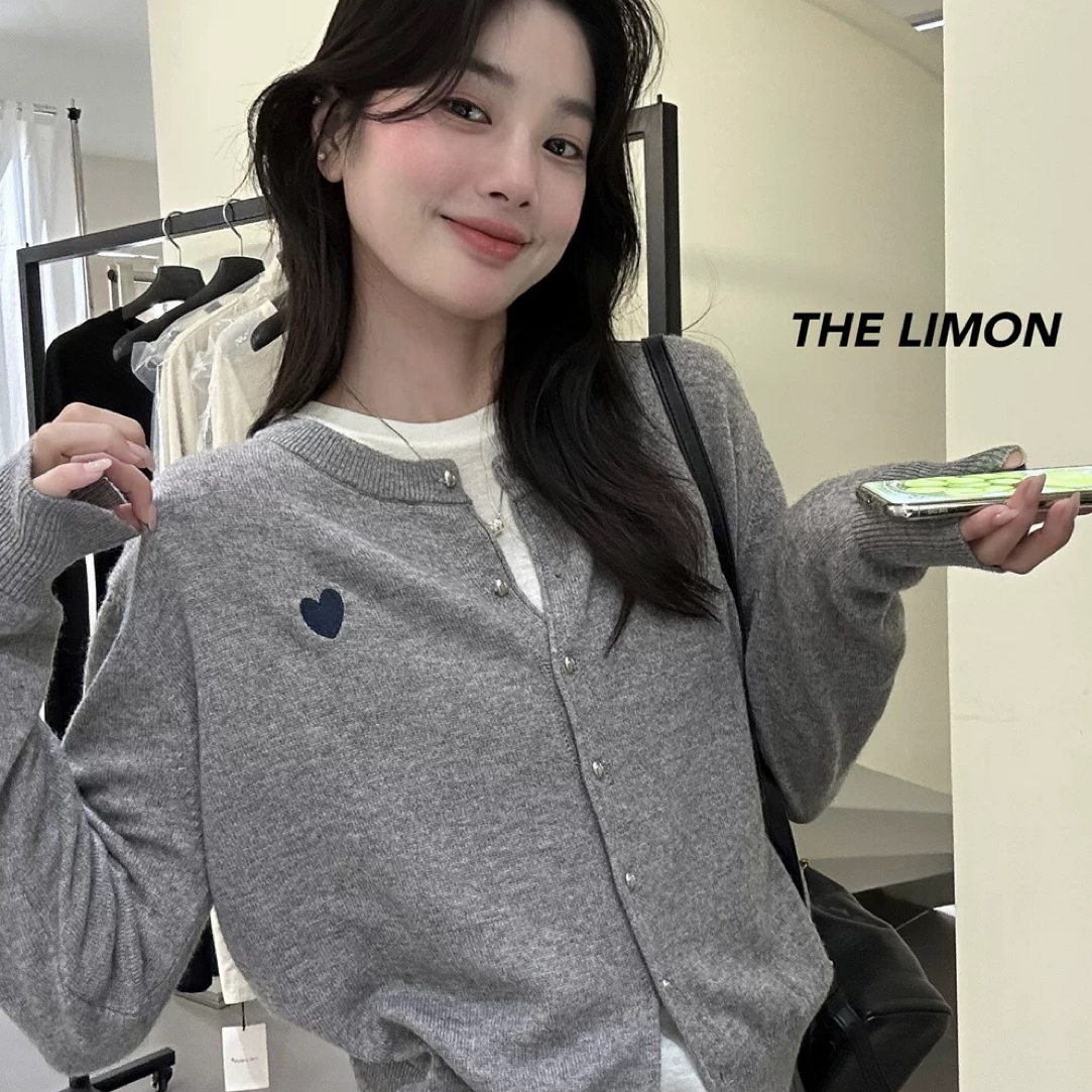 the limon韩系百搭经典爱心刺绣针织开衫女秋季休闲风ins毛衣外套