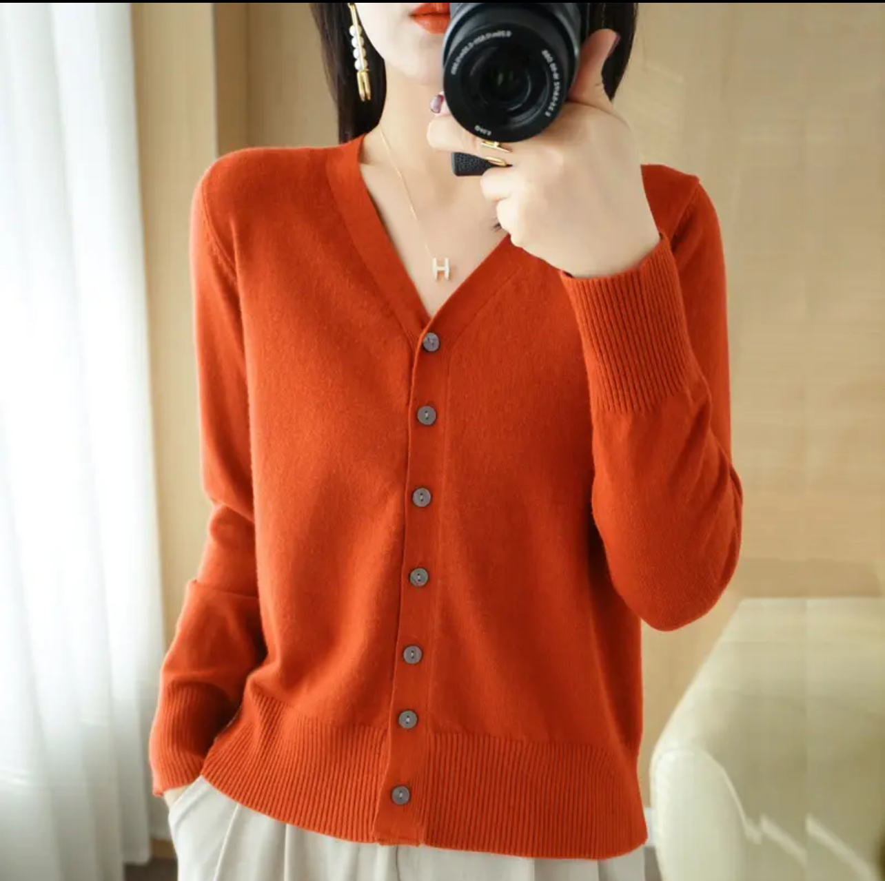 100%羊毛~宽松显瘦V领开衫长袖洋气百搭秋冬小外套