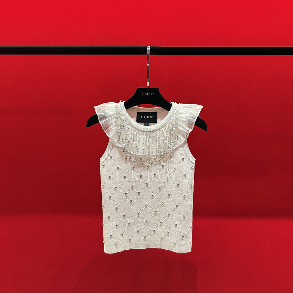【L.K.BABY】水晶之恋 时髦重工镶钻流苏亮片性感花边无袖背心