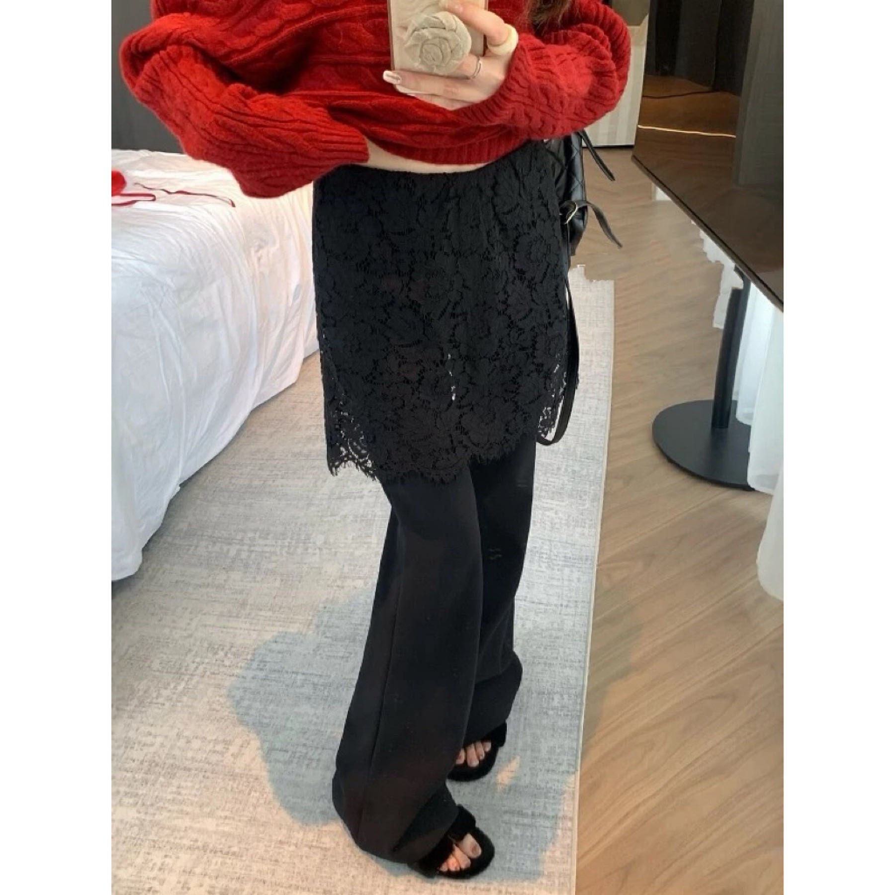 【土豆优选】加厚假两件蕾丝屁帘微喇裤