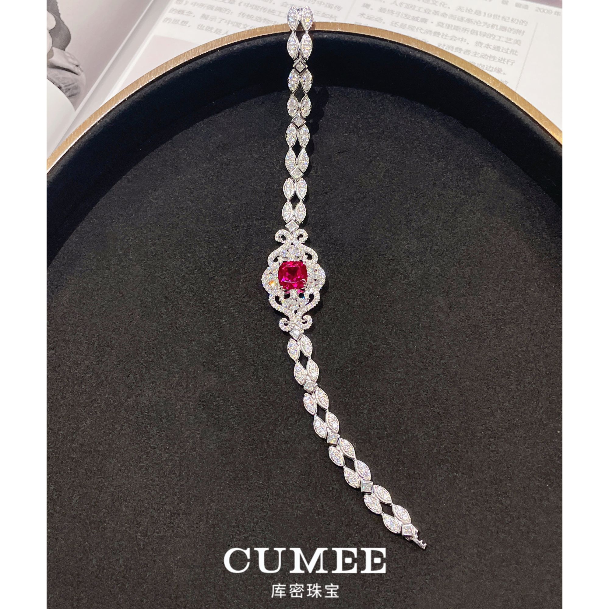 925银手链 CUMEE 优雅精致手链 新品 培育合成红宝手链女.银镀金
