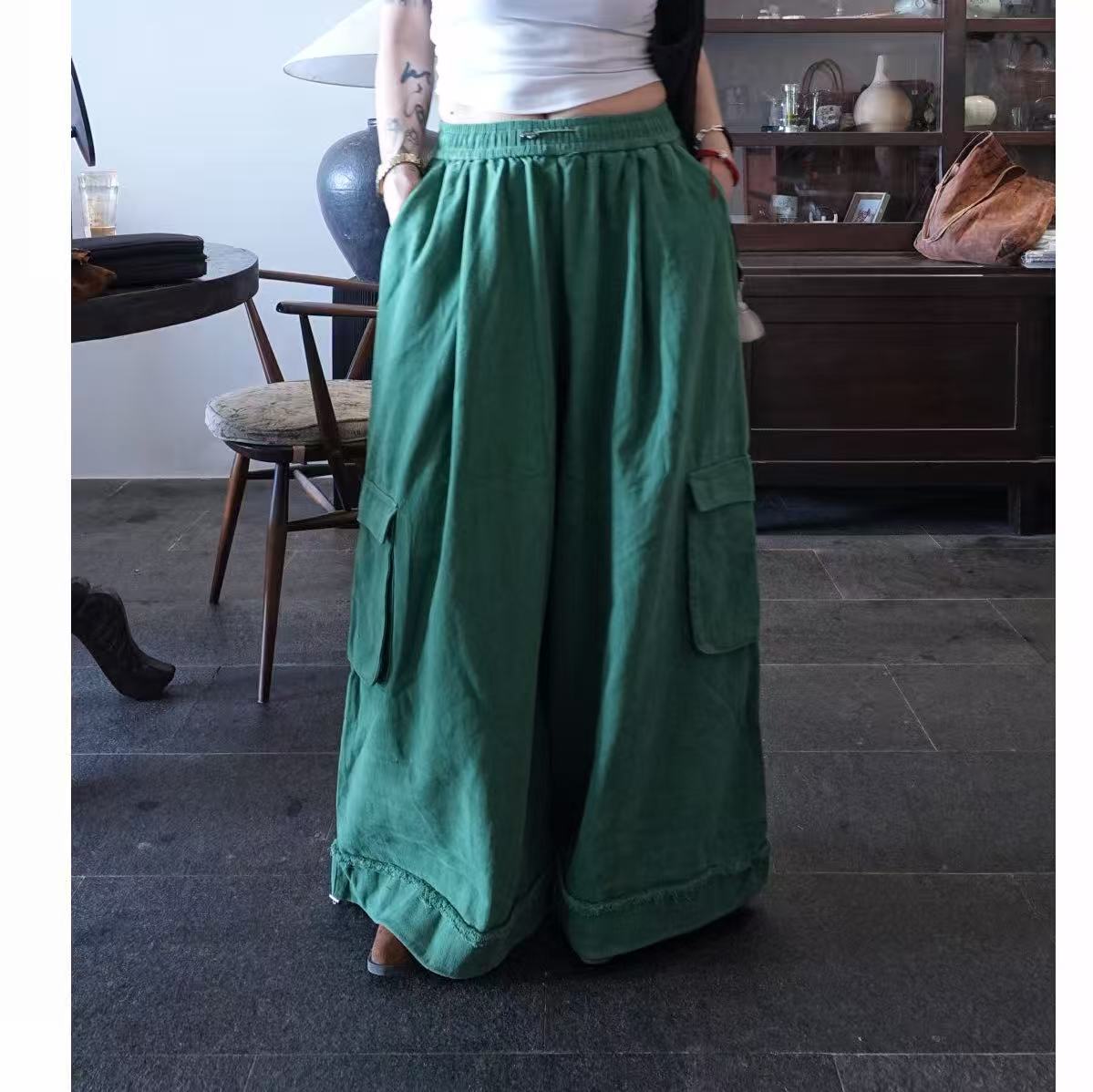 A6156大口袋阔腿裤绿色个性复古宽松