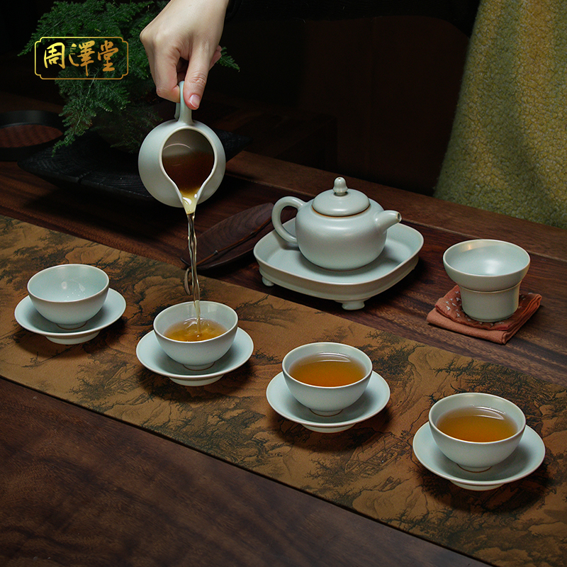 周泽堂汝窑茶壶茶杯大套装景德镇原矿陶瓷功夫茶具德钟鸡心大套装