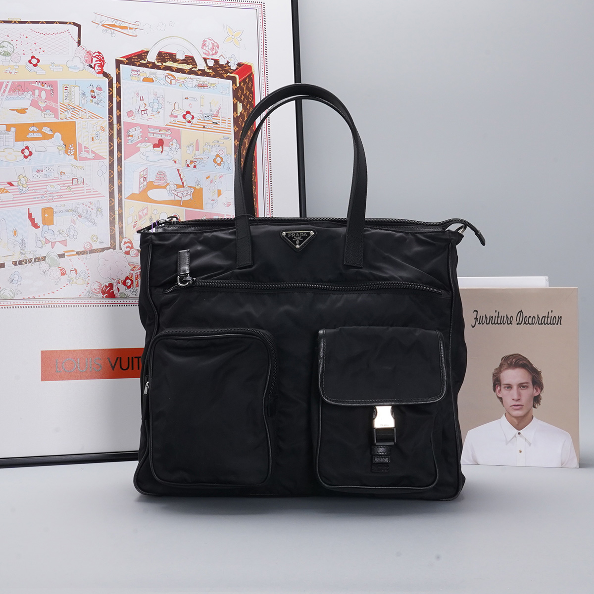 95新 Prada/普拉达 双口袋 黑银 尼龙 托特包【静文】BGD401360075