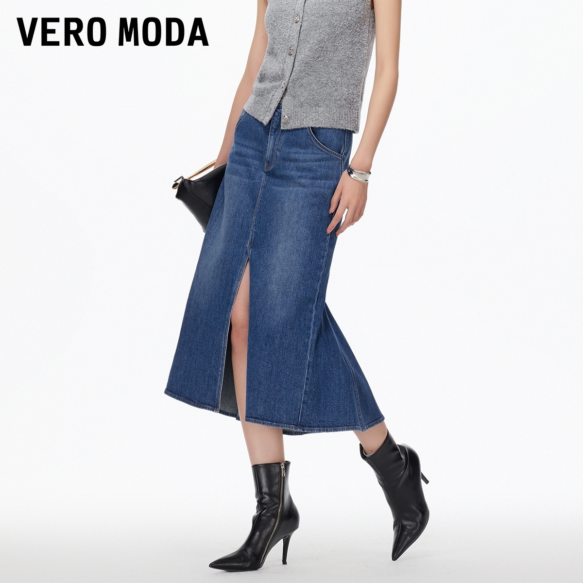 Vero Moda半身裙女2025秋冬新款含棉后身拼接鱼尾牛仔裙老钱风