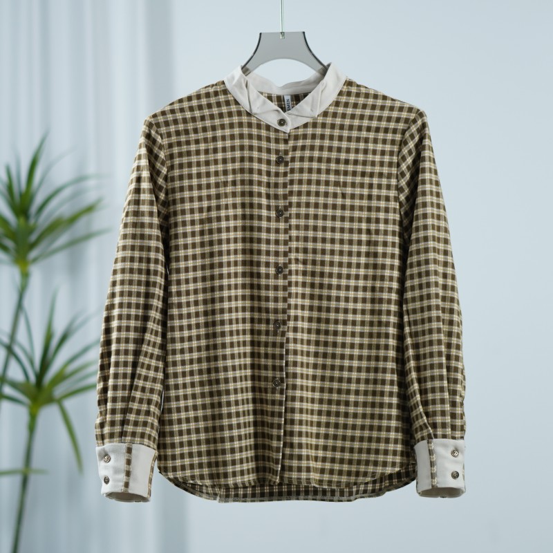 【诗M】O-630  女装春秋拼接衬衫格子咖色2501202