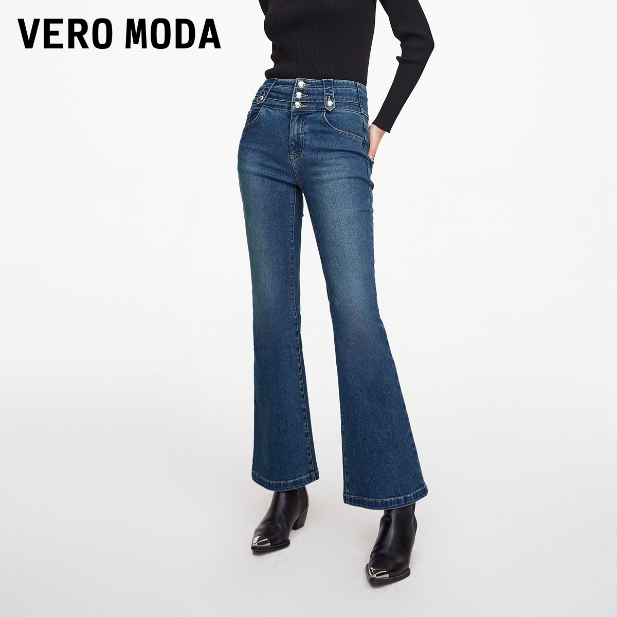 Vero Moda牛仔裤【伯爵舞步】春高腰水洗金属纽扣微喇裤326132055