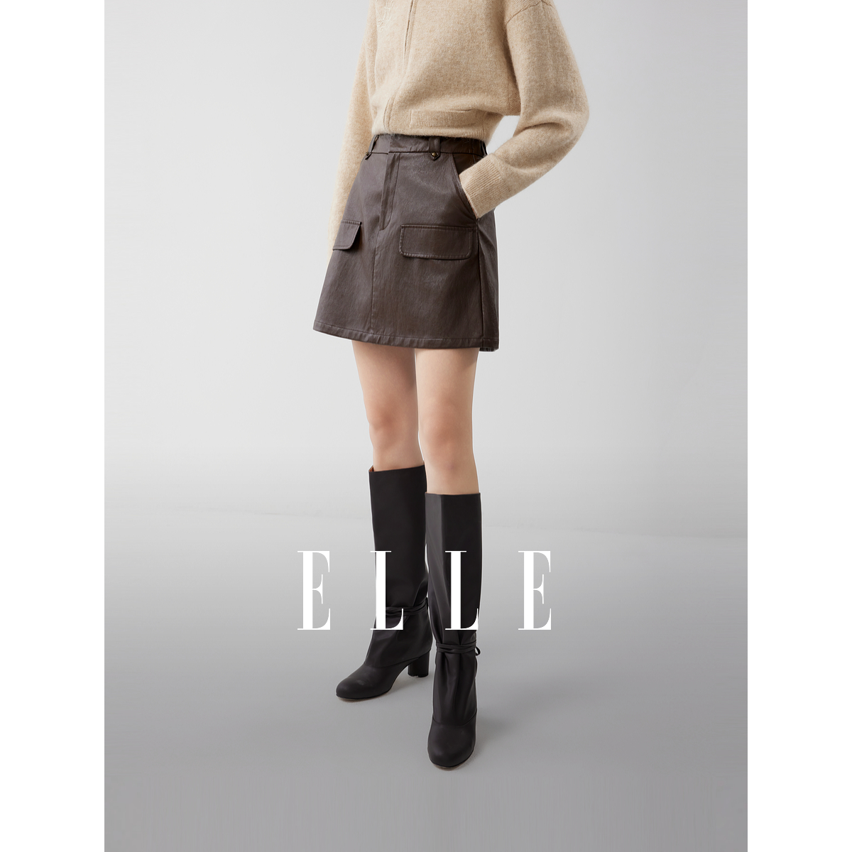 ELLE女装工装复古半身裙2025冬新款时髦PU皮短裙子ER52805