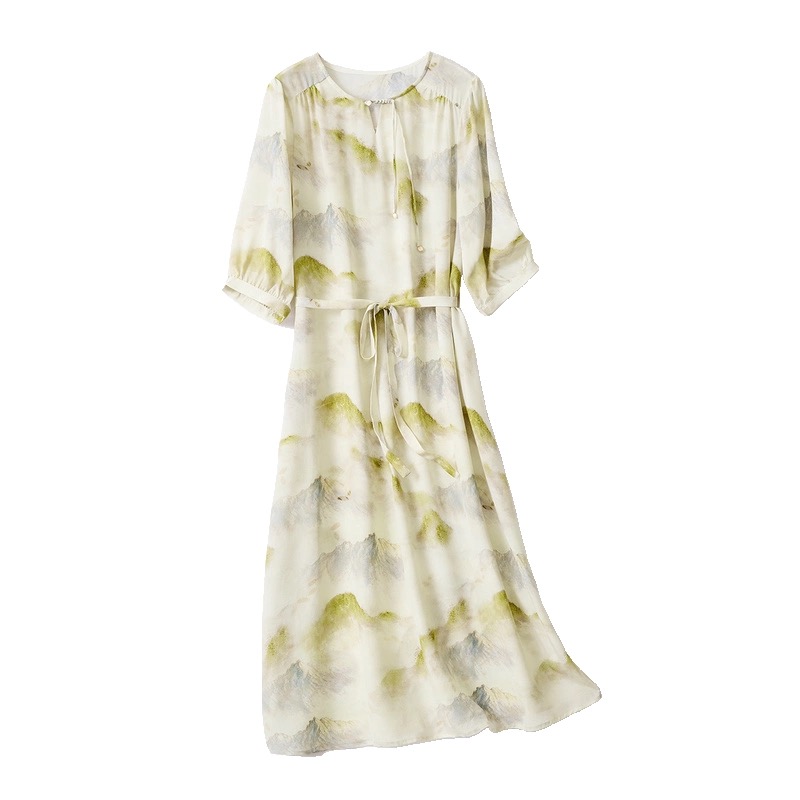 夏季新款真丝裙桑蚕丝印花复古连衣裙气质长裙显瘦时尚休闲25337