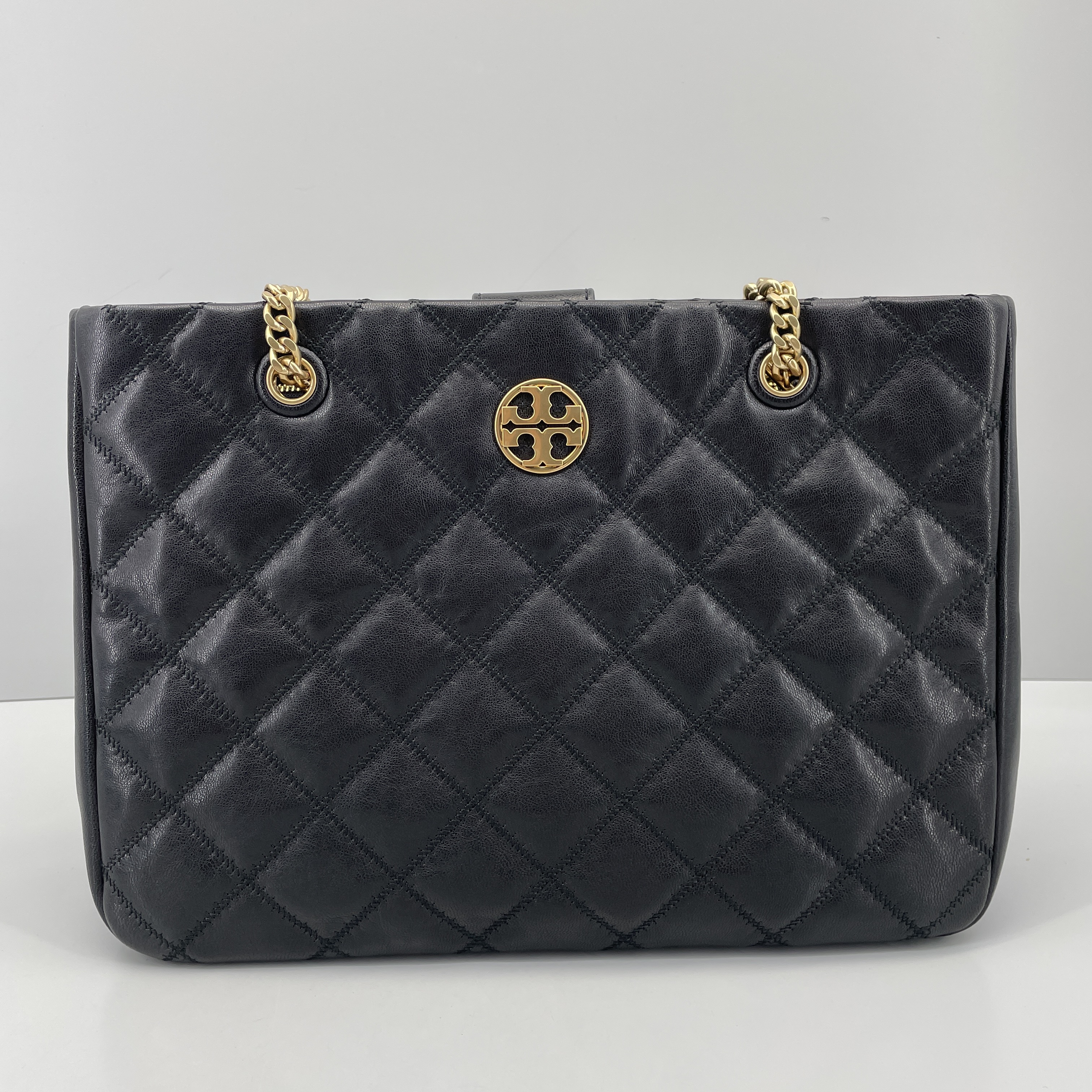 99新 TORY BURCH/汤丽柏琦 willa黑色链条托特包35*23*10cm