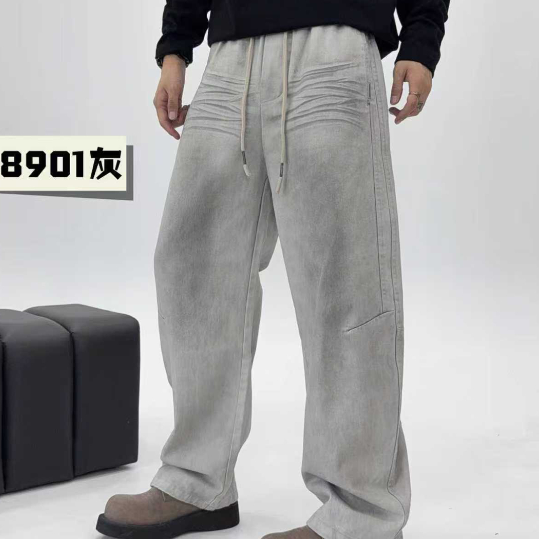 100%纯棉水洗复古裤子百搭简欧风牛仔裤水洗做旧男士抽绳直筒宽松