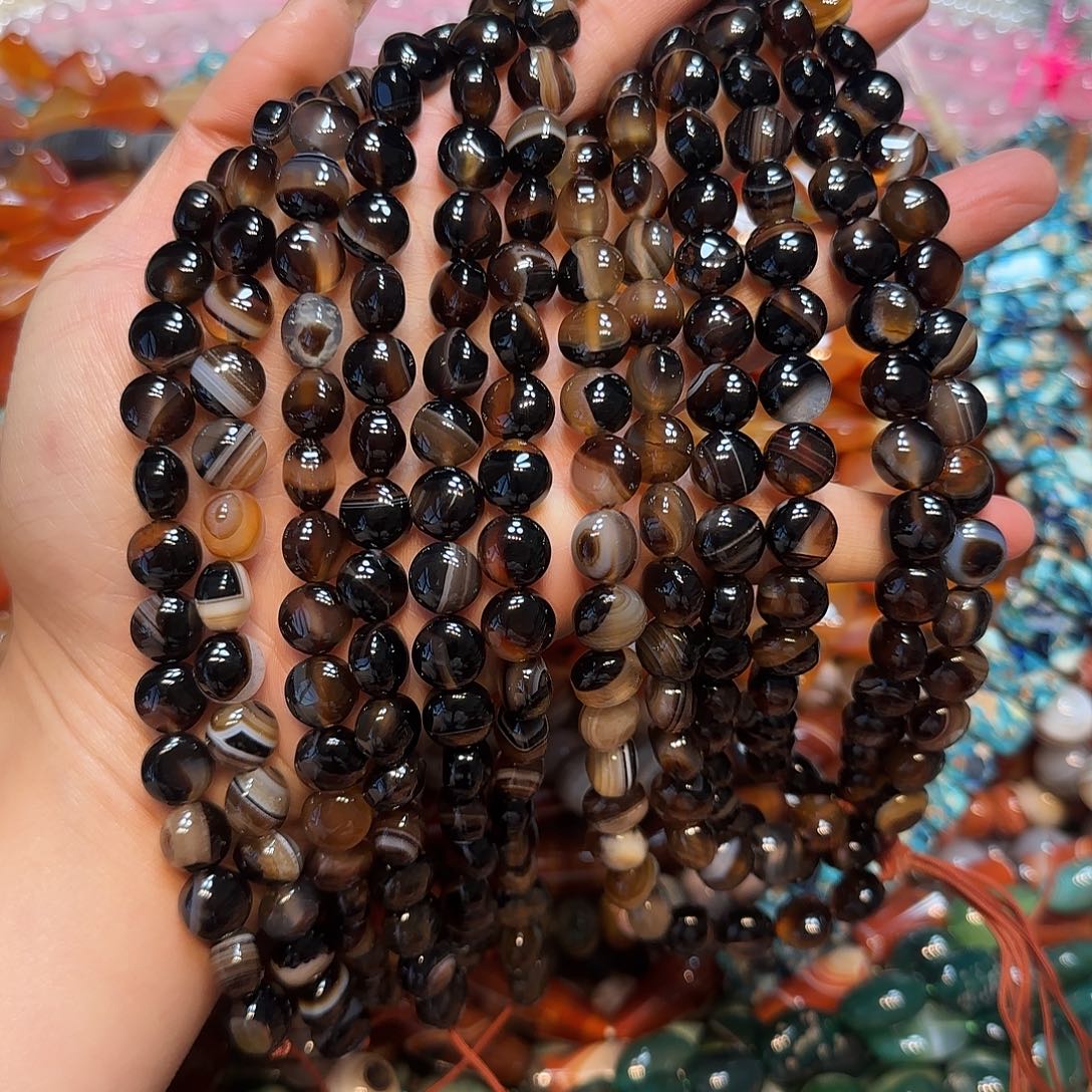 玛瑙/玉髓合金珠宝半成品10mm黑咖玛瑙圆饼厚度8mm