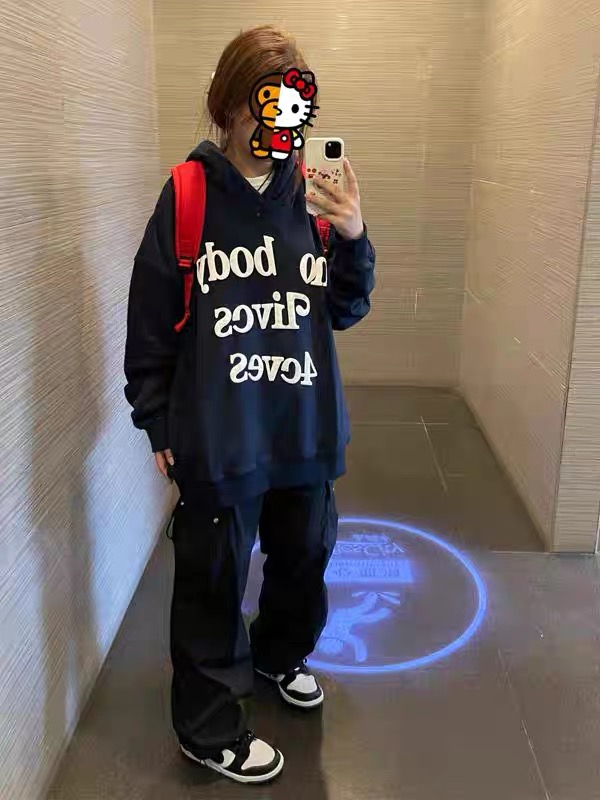 国潮牌美式复古oversize连帽加绒卫衣情侣秋冬宽松显瘦字母上衣