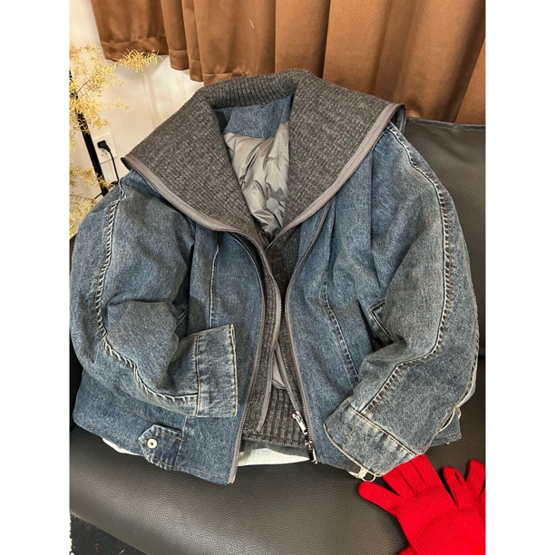 欧版冬季宽松设计感牛仔拼接假两件羽绒服外套女