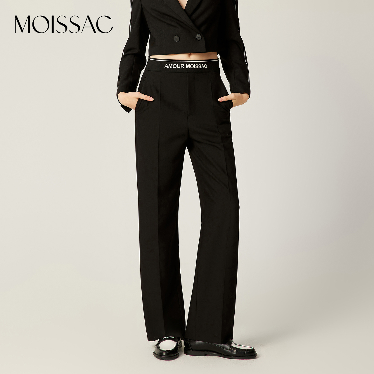 【晨粉专享价】MOISSAC春新品TR职场通勤黑色简约微喇西装长裤女