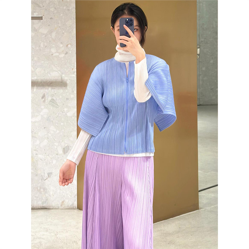 时尚短袖临褶皱条纹女复古宽松睡衣夏季春季褶皱短外套设计感春夏