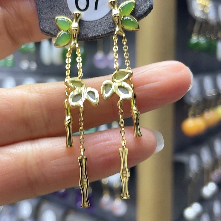 和田玉耳饰银S925镀金镶嵌