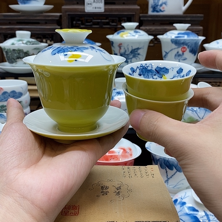 手绘葫芦果盖碗160cc➕两个同款杯子釉下彩微瑕福利款
