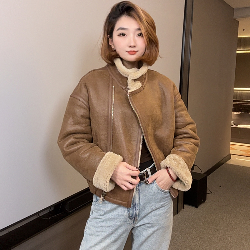 WSS/JL2669海宁2025冬季新款皮毛一体外套女立领修身显瘦机车皮草